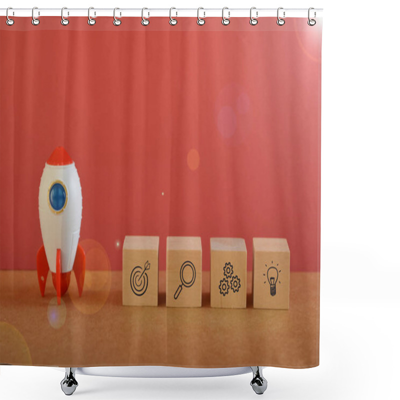 Personality  Toy Rocket With Target, Analytics, Strategy And Innovation Symbols. Shower Curtains