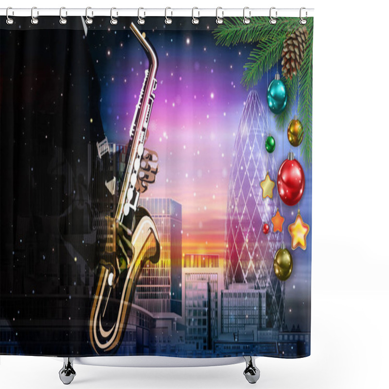 Personality  Christmas Pink Music Illustration With Saxophone Player On Citys Shower Curtains