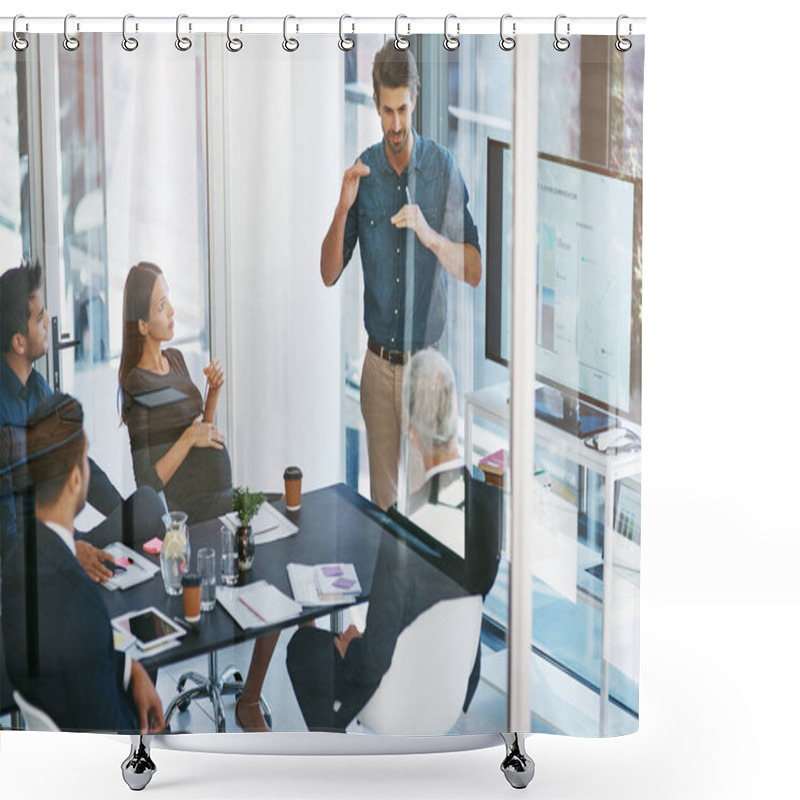 Personality  Office, Meeting And Businessman With Presentation On Computer Screen, Data Analysis And Graphs. Finance Team, Male Analyst And Discussion Of Report, Feedback And Statistics Review By Glass Wall. Shower Curtains