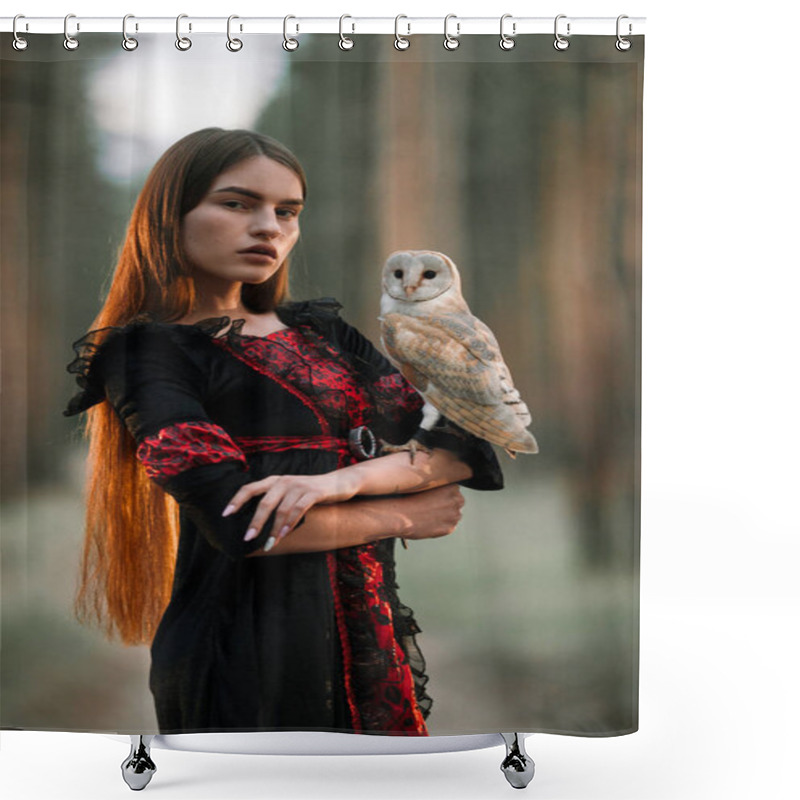 Personality  Portrait Of Girl In Forest With Owl In Hand. Close-up. Shower Curtains