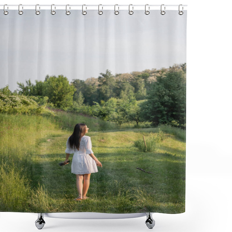 Personality  Back View Of Brunette Woman In White Dress Standing On Rural Road Near Forest Shower Curtains