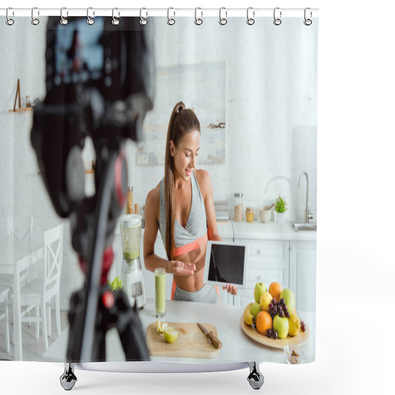 Personality  Selective Focus Of Happy Video Blogger Gesturing And Holding Digital Tablet With Blank Screen  Shower Curtains