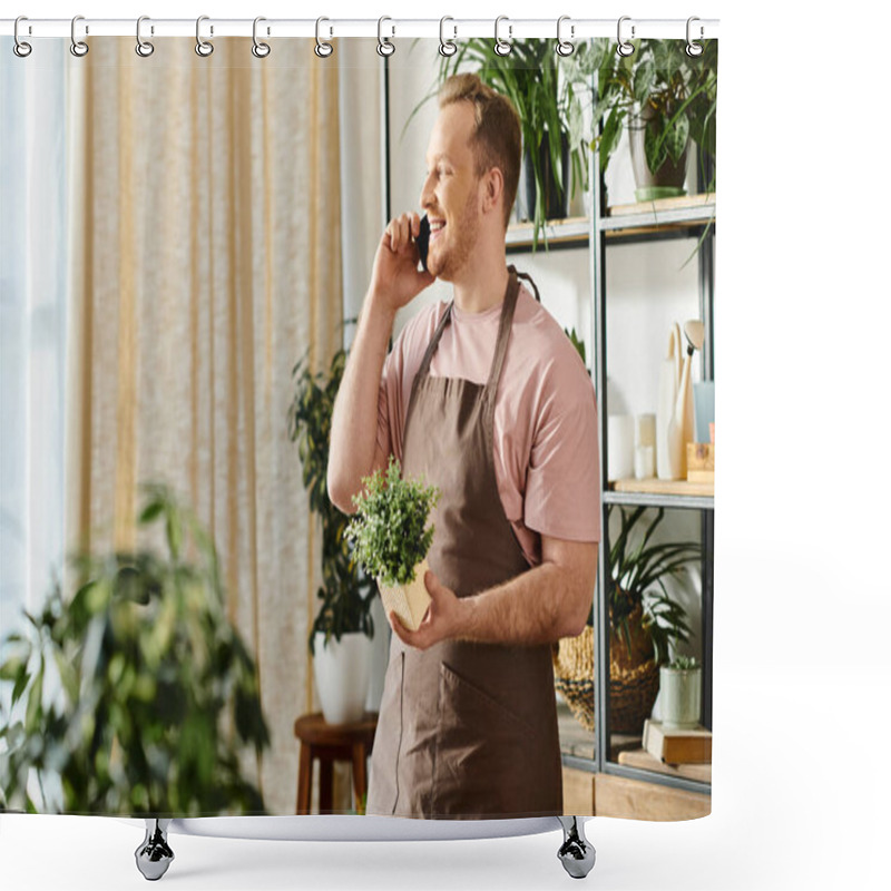 Personality  A Man Chatting On Cell Phone And Holding A Potted Plant In A Plant Shop, Embodying Multitasking And Business Ownership. Shower Curtains