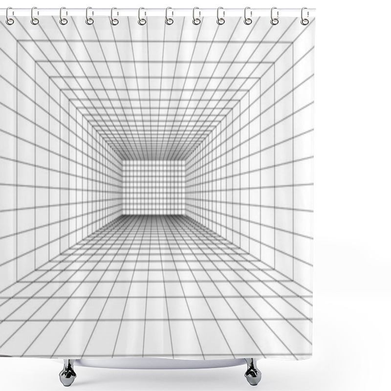 Personality  3D Wireframe Room White On Blue Background. Abstract Perspective Grid. Vector Illustration. Shower Curtains