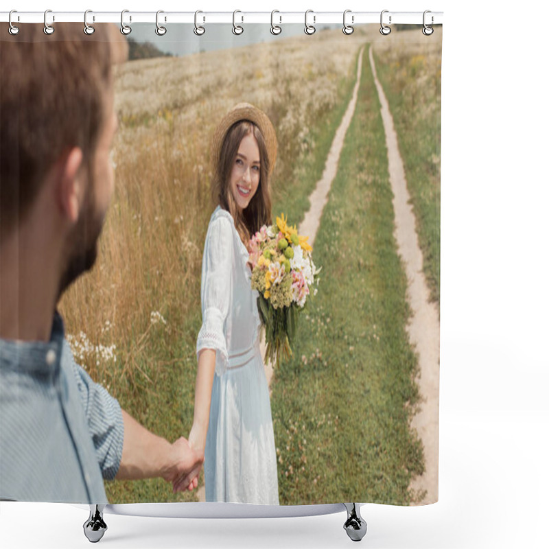 Personality  Partial View Of Smiling Woman With Bouquet Of Wild Flowers And Boyfriend Holding Hands In Field Shower Curtains