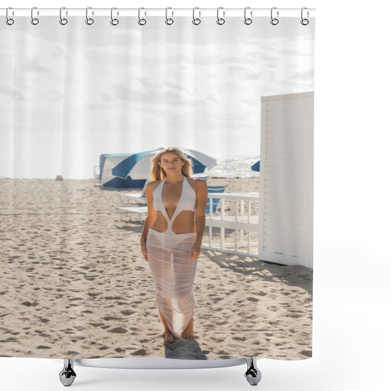 Personality  A Serene Scene On Miami Beach As A Young, Beautiful Blonde Woman Stands Gracefully On The Sandy Shoreline. Shower Curtains