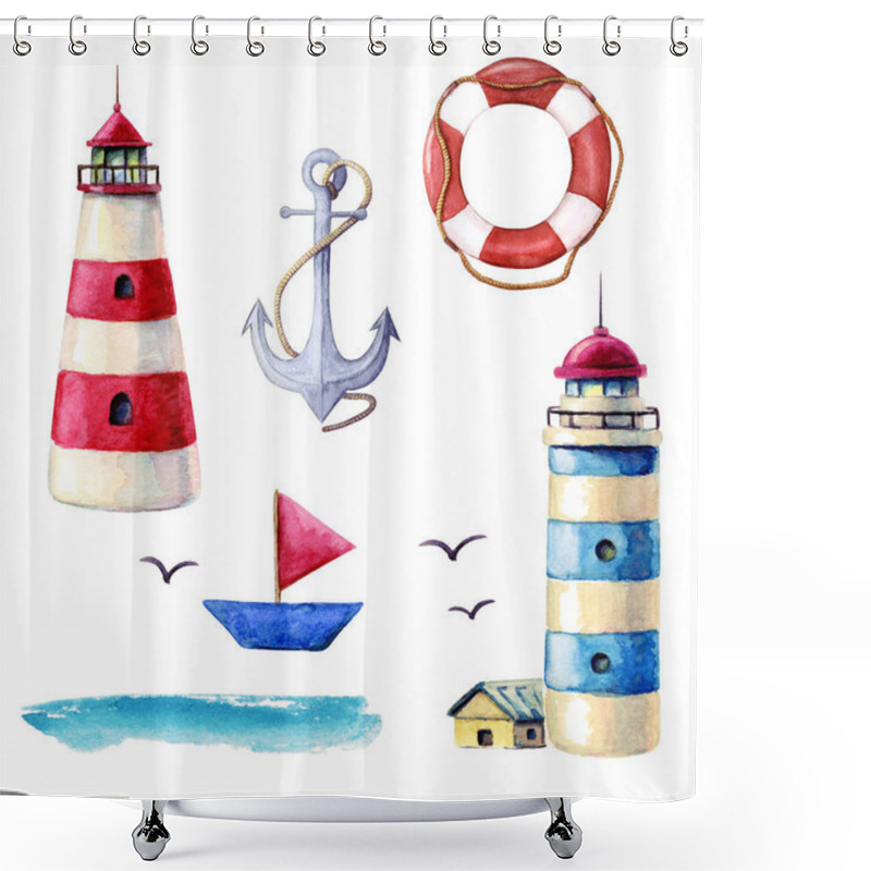 Personality  Watercolor Nautical Elements Collection. Various Lighthouses Isolated On White Backdrop. Illustration Of Red And Blue Striped Lighthouses, Ship, Anchor Lifebuoy And Gulls. Hand Painted Nautical Set. Shower Curtains