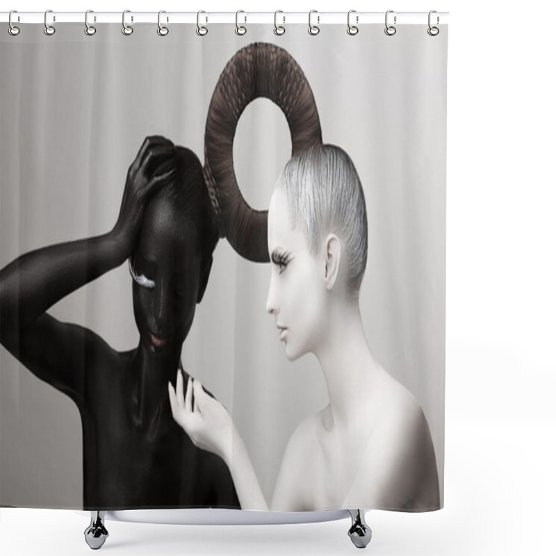 Personality  Ying & Yang Symbol. East Culture. Women Painted Body In Black & White Shower Curtains