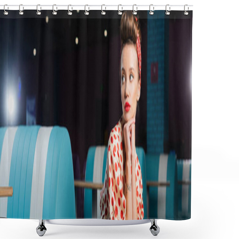 Personality  Tattooed Pin Up Woman With Red Lips And Polka Dot Dress Looking Away, Banner  Shower Curtains