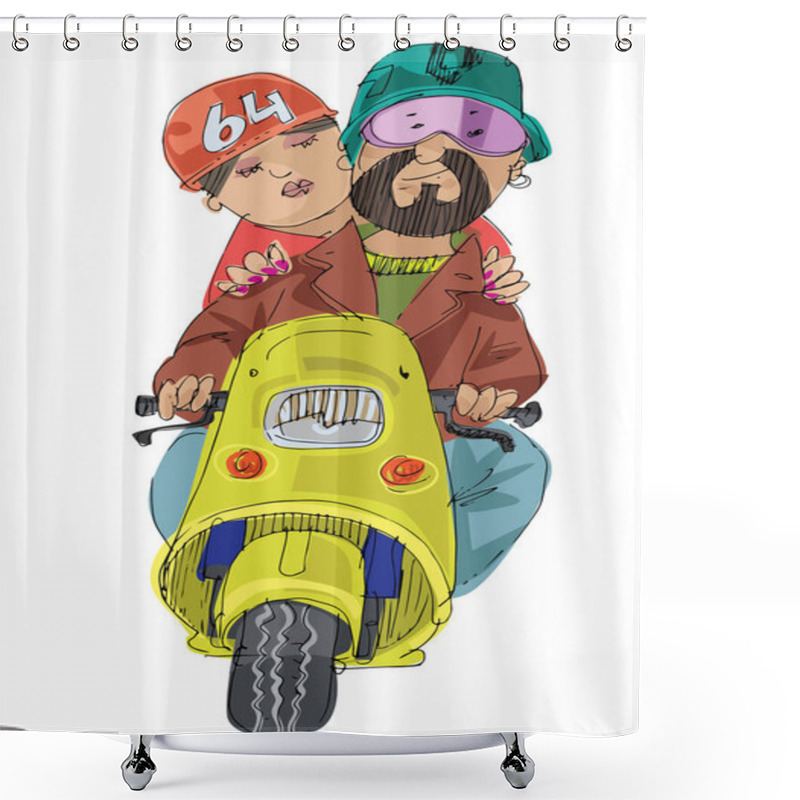 Personality  A Young Couple Riding On Scooter. Shower Curtains