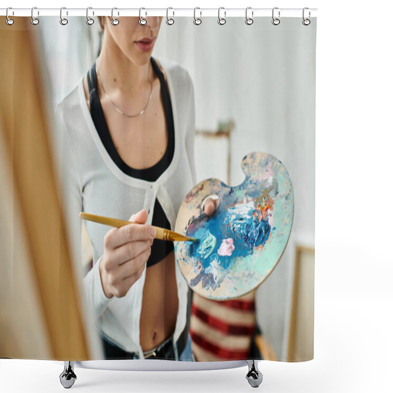 Personality  A Woman Delicately Holds A Paintbrush And Palette, Immersed In Creativity. Shower Curtains