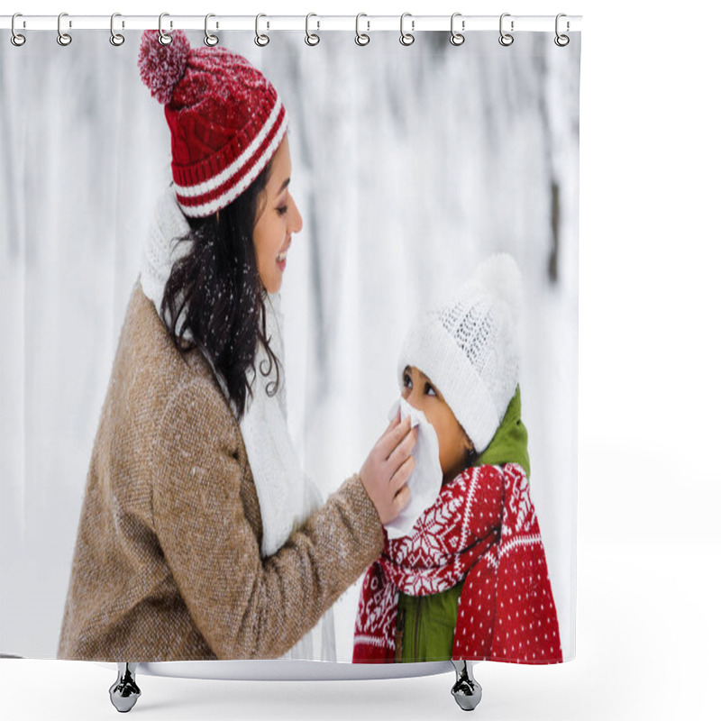 Personality  Beautiful African American Woman Wiping With Napkin Nose Of Preteen Daughter In Winter Park  Shower Curtains