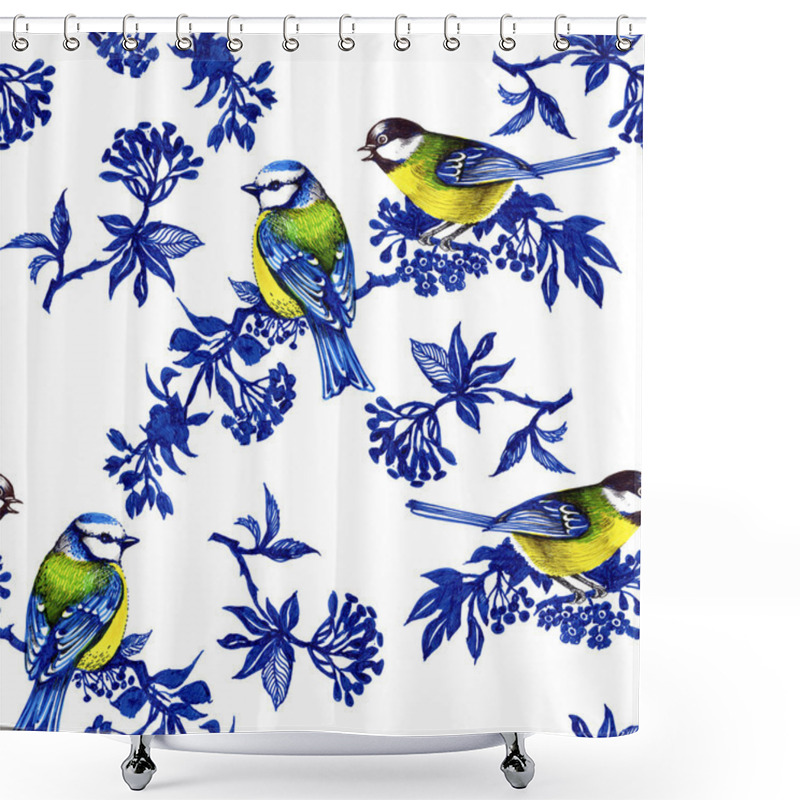 Personality  Birds On Spring Twigs Seamless Pattern  Shower Curtains