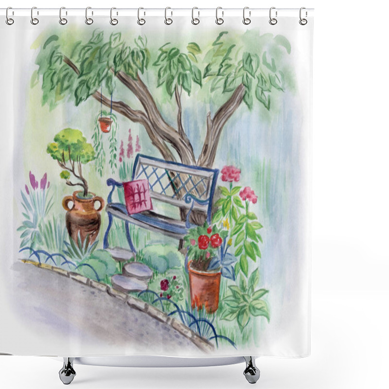 Personality  View Of A Blooming Garden With A Tree And A Bench Under It, Watercolor Illustration, Hand Drawing. Shower Curtains