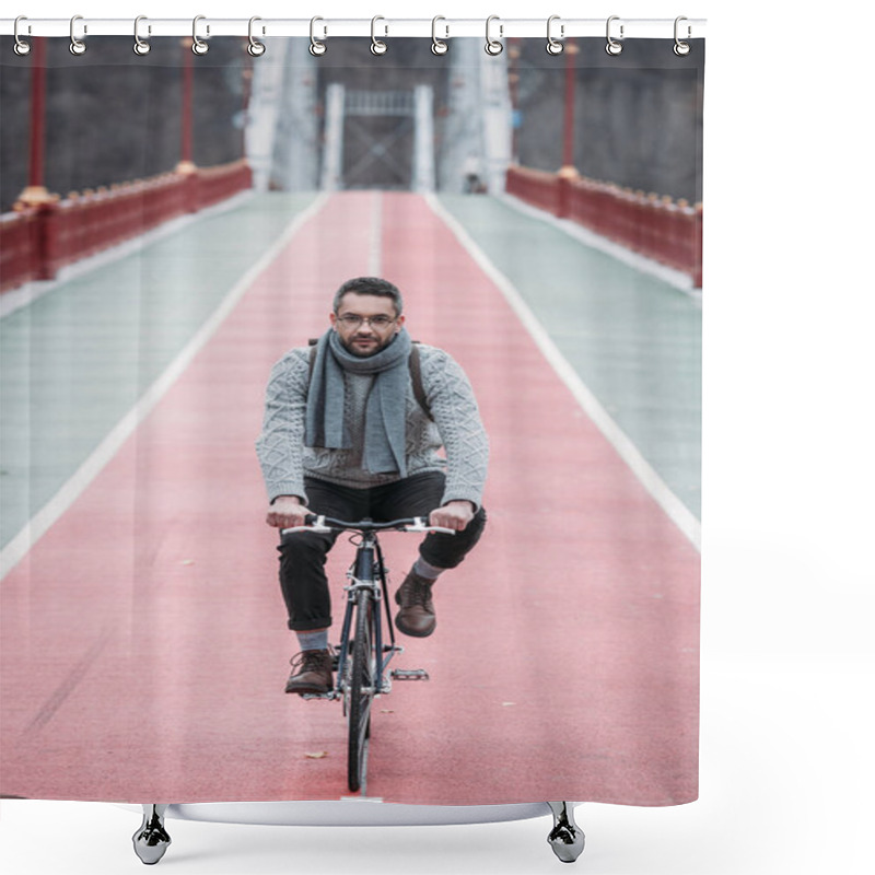 Personality  Handsome Adult Man In Sweater Riding Bicycle On Pedestrian Bridge Shower Curtains