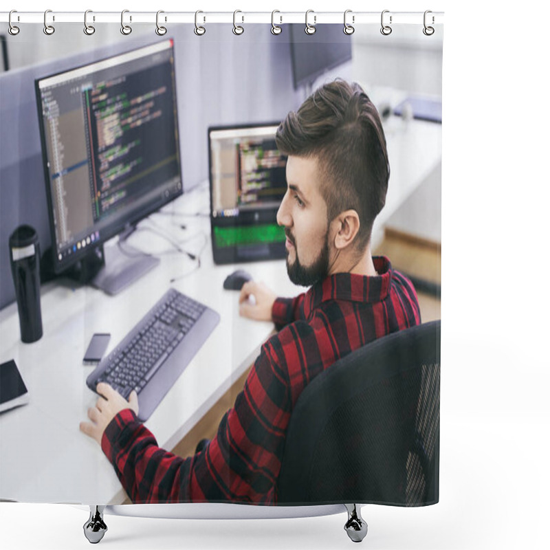 Personality  Software Developer Working On Computer In IT Office, Sitting At Desk And Coding, Working On A Project In Software Development Company Or Technology Startup. High Quality Image. Shower Curtains