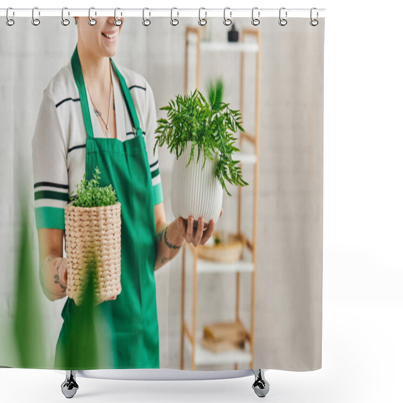 Personality  Indoor Gardening, Partial View Of Happy Tattooed Woman In Green Apron Holding Flowerpots With Houseplants In Modern Living Room, Blurred Foreground, Sustainable Home Decor And Green Living Concept Shower Curtains