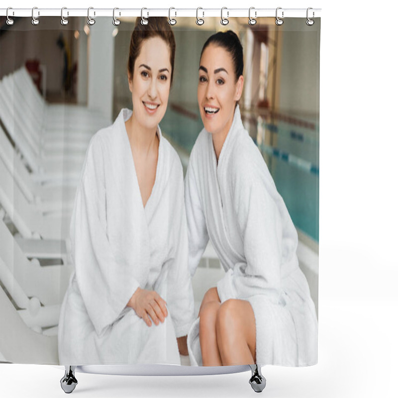 Personality  Happy Young Women In Bathrobes Smiling At Camera While Relaxing Together In Spa Shower Curtains