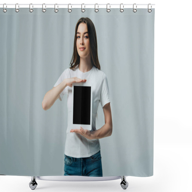 Personality  Smiling Beautiful Girl In White T-shirt Showing Digital Tablet With Blank Screen Isolated On Grey Shower Curtains