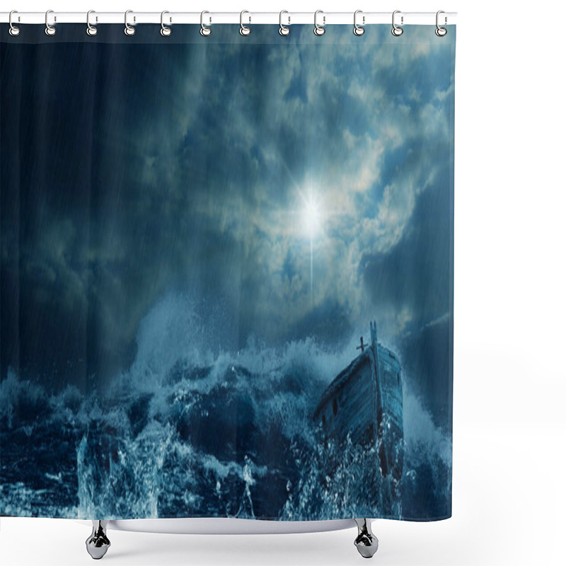 Personality  Stormy And Rainy Weather, Abandoned Boat At Sea Shower Curtains