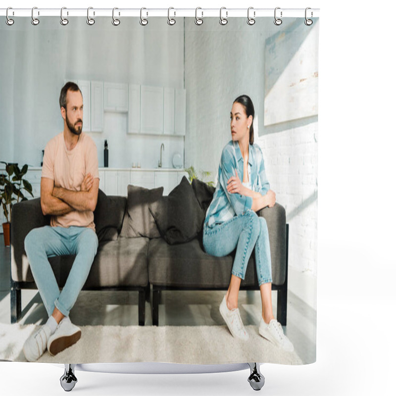 Personality  Frustrated Couple Having Argument And Sitting At Opposite Ends Of Sofa Shower Curtains