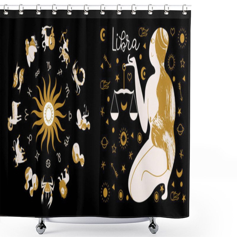 Personality  Libra Zodiac Sign. Full Horoscope In The Circle. Horoscope Wheel Zodiac With Twelve Signs Vector. Aries; Taurus; Gemini; Cancer; Leo; Virgo; Libra; Scorpio; Sagittarius; Capricorn; Aquarius, Pisces Shower Curtains