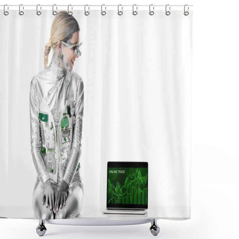 Personality  Smiling Silver Robot Sitting On Table And Looking At Laptop With Online Trade Appliance Isolated On White, Future Technology Concept Shower Curtains