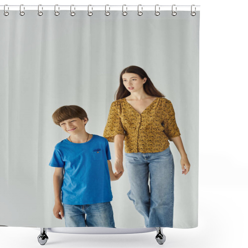 Personality  A Mother And Her Young Son Joyfully Interact While Dressed Casually In A Bright Studio. Shower Curtains