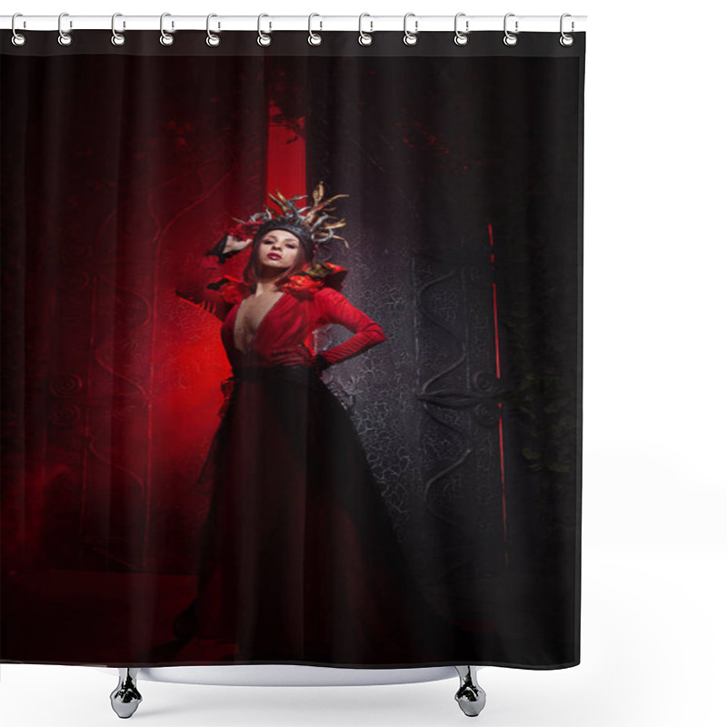 Personality  Beautiful Fashion Witch Woman With Horns In The Form Of Tree Roots In A Long Luxurious Dress On The Background Of A Huge Gate With Red Smoke. Halloween Concept Shower Curtains