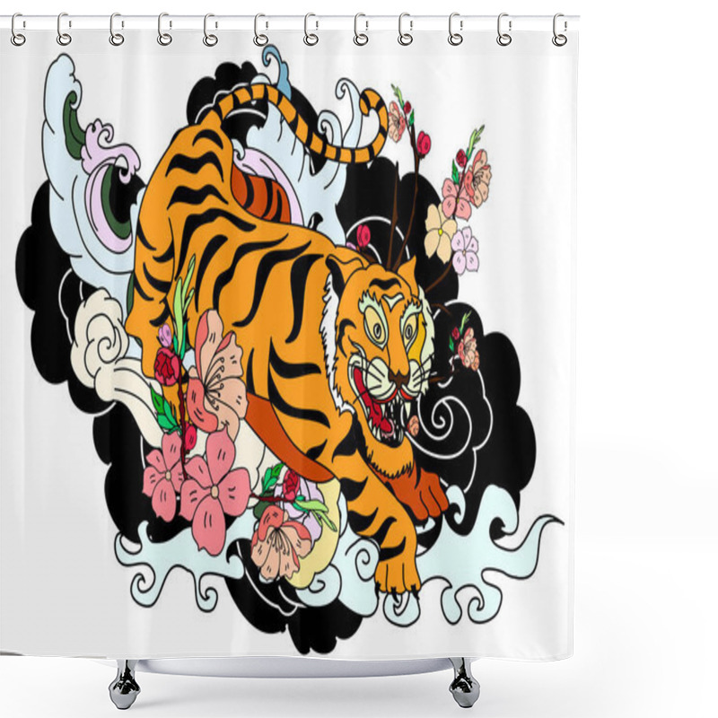 Personality  Traditional Japanese Tiger Tattoo.Tiger Sticker Tattoo Design,Cartoon Tiger On Black Background.Vector Shower Curtains