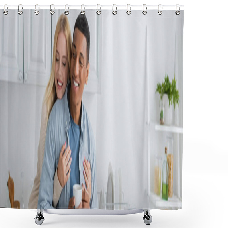 Personality  Cheerful African American Man Holding Coffee Cup While Young Girlfriend Hugging Him In Kitchen, Banner Shower Curtains