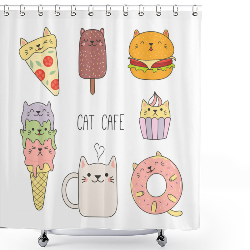 Personality  Hand Drawn Vector Illustration Of Kawaii Funny Food And Steaming Mug Cup With Cat Ears, Design Concept For Cat Cafe Menu  Shower Curtains