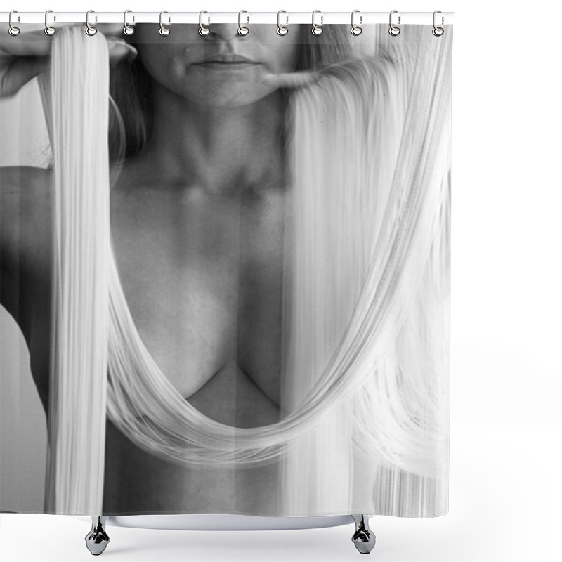 Personality  Attractive Sexy Nude Body Of A Young Beautiful Woman, Partially Covered By The White Threads Of A Falling String Curtain Decorative In Beautiful Forms. Shower Curtains