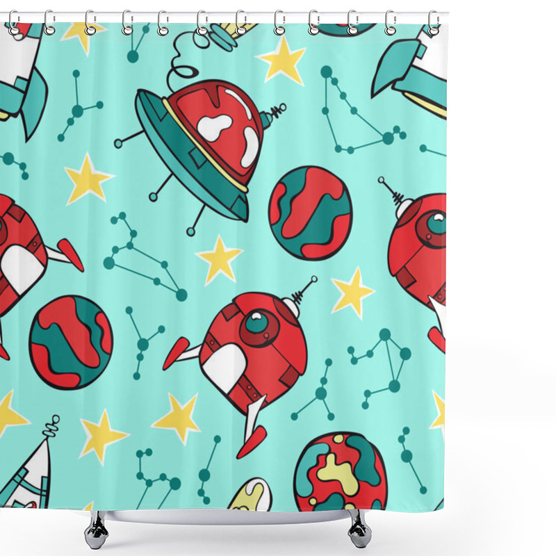 Personality  Space Print. Rocket, Flying Saucer, Planets And Stars. Seamless Vector Pattern (background). Shower Curtains