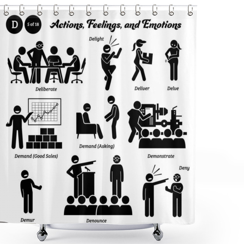 Personality  Stick Figure Human People Man Action, Feelings, And Emotions Icons Alphabet D. Deliberate, Delight, Deliver, Delve, Demand, Demonstrate, Demur, Denounce, And Deny. Shower Curtains