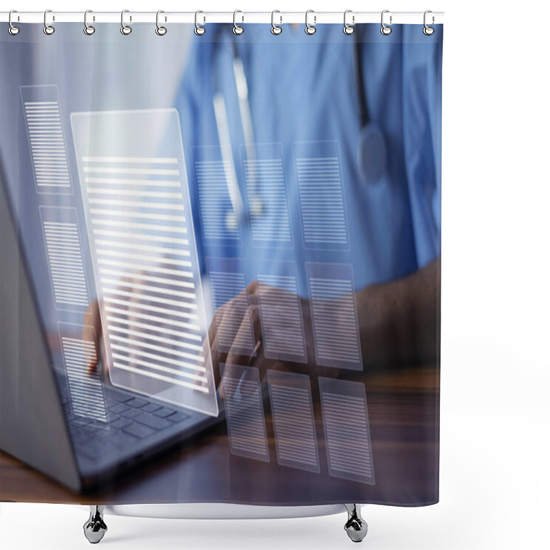 Personality  Doctor Is Working On A Laptop, With Digital Data Futuristic Interfaces Symbolizing Technology And AI In Modern Healthcare For Managing Patient Information And Improving Medical Efficiency. Shower Curtains