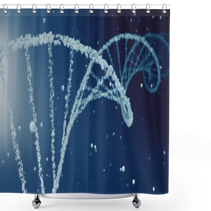 Personality  Cosmetic Water Bubble DNA And MRNA Background With Cell Droplets And Copy Space. Full-Frame Macro Light Blue And White Concept 3D Illustration Of Transparent Helix As Beauty Care And Science Display. Shower Curtains