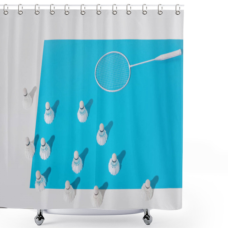 Personality  High Angle View Of White Badminton Racket And Shuttlecocks On Blue Paper Shower Curtains