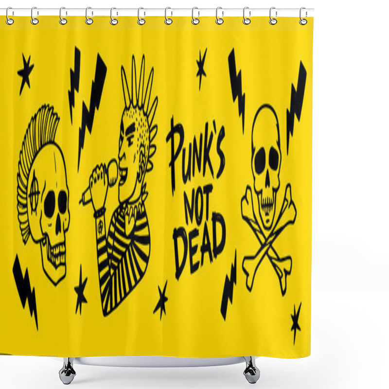 Personality  Punk Rock Set. Punks Not Dead Words And Design Elements. Vector Illustration. Shower Curtains