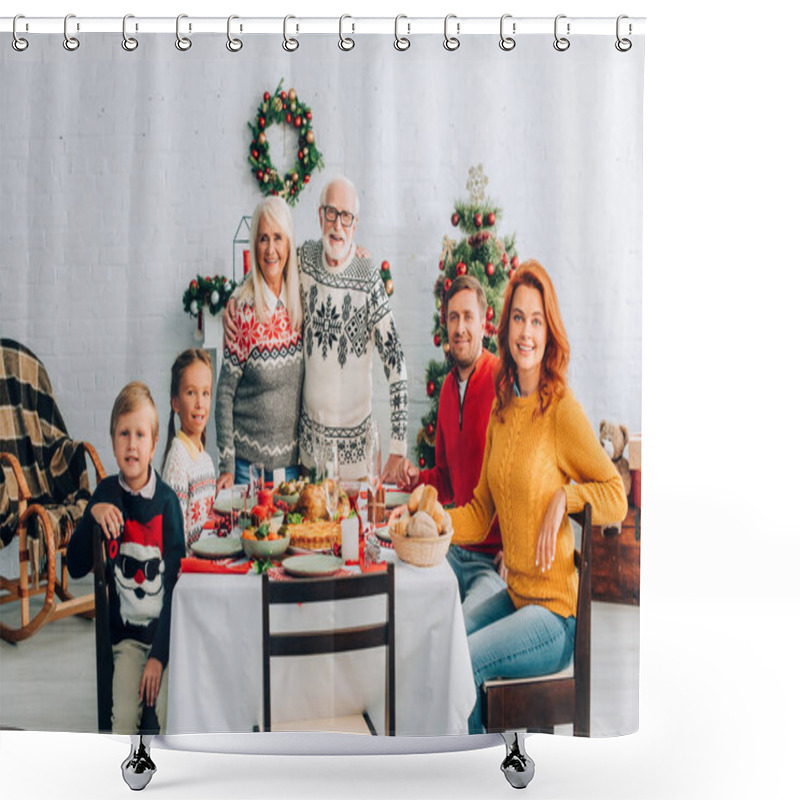 Personality  Family Near Festive Table With Thanksgiving Dinner Looking At Camera At Home Shower Curtains