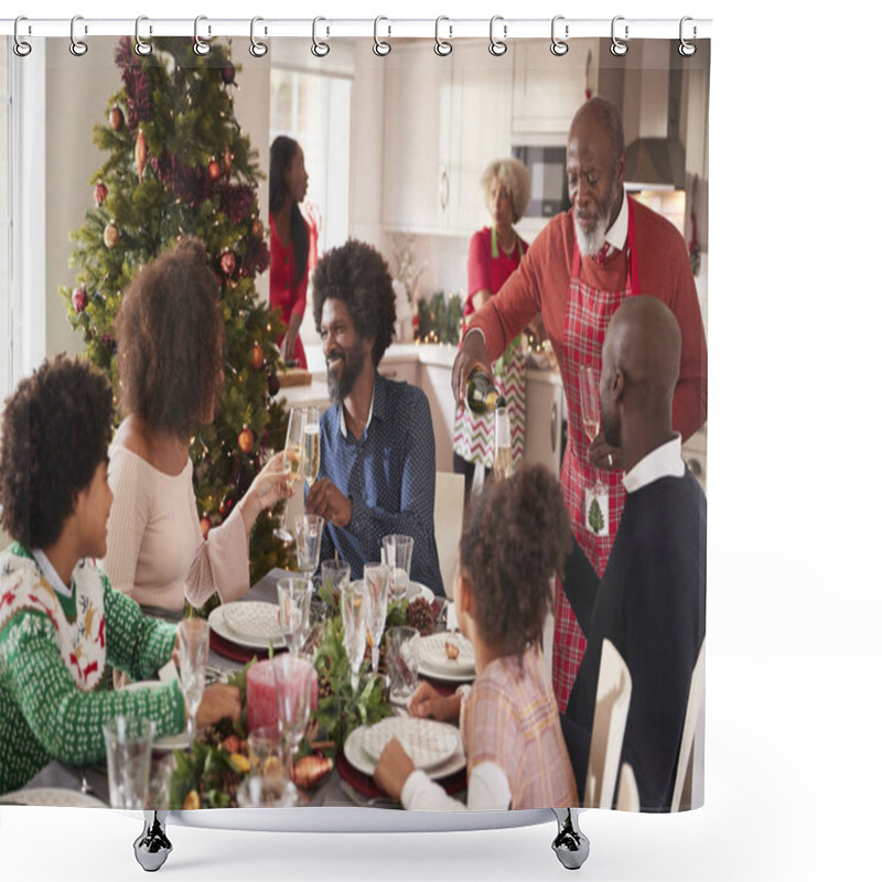 Personality  Family Talking And Raising Glasses At The Dinner Table During A Multi-generation, Mixed Race Family Christmas Celebration Shower Curtains