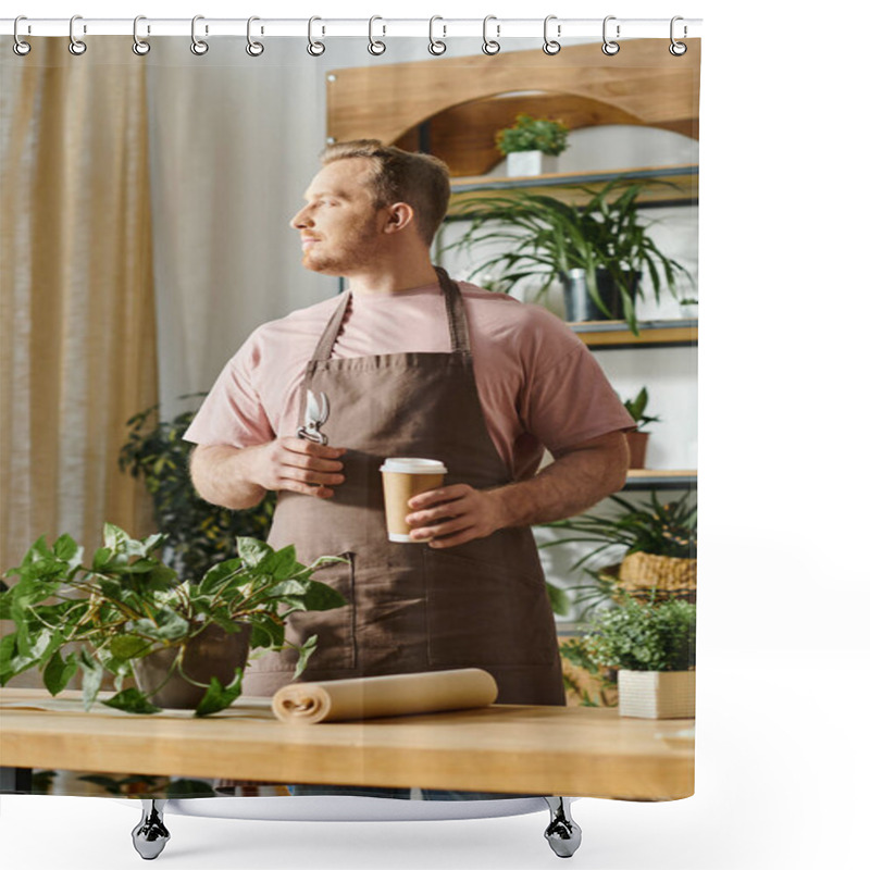 Personality  A Man In An Apron Enjoys A Moment Of Relaxation, Holding A Cup Of Coffee In A Plant Shop. Shower Curtains