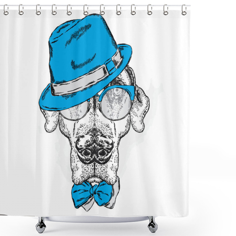 Personality  Pointer. Beautiful Dog In A Hat, Sunglasses And A Tie. Vector Illustration. Shower Curtains