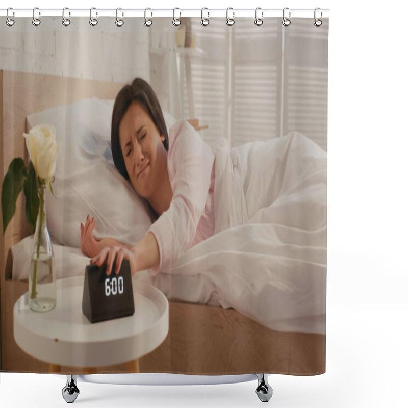 Personality  Dissatisfied Woman Turning Off Clock Near Plant On Bedside Table In Bedroom  Shower Curtains