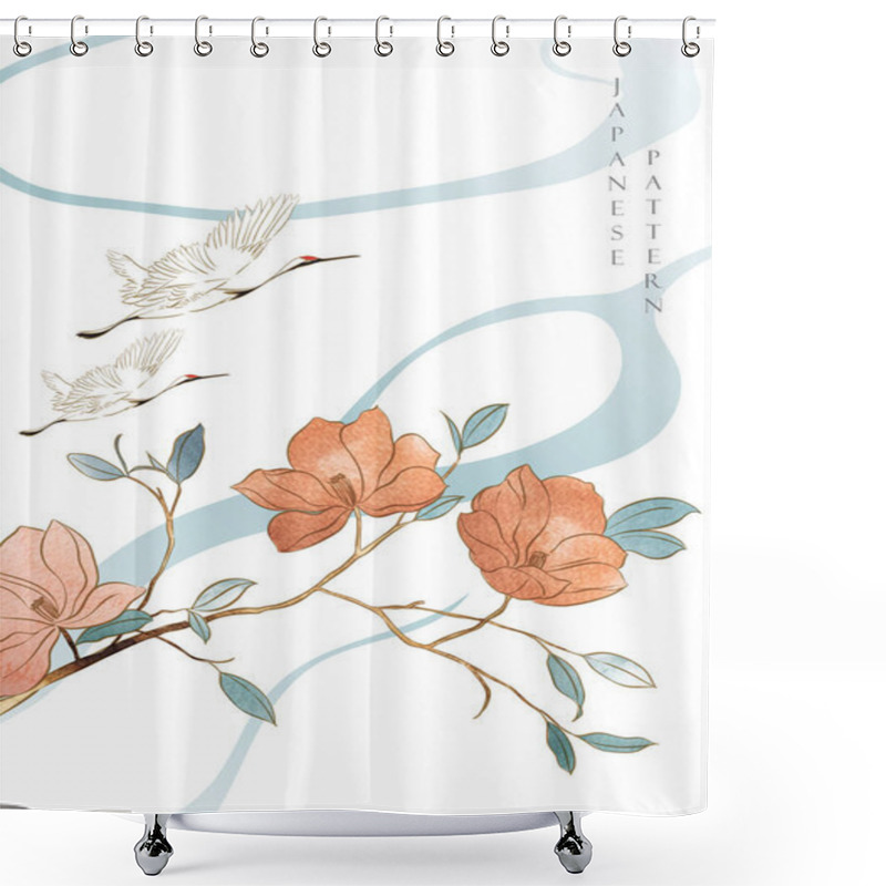 Personality  Art Natural Banner Design With Crane Birds Element. Japanese Background With Watercolor Texture Vector. Branch With Floral And Leaves Decoration In Vintage Style. Hand Drawn Natural Object. Shower Curtains