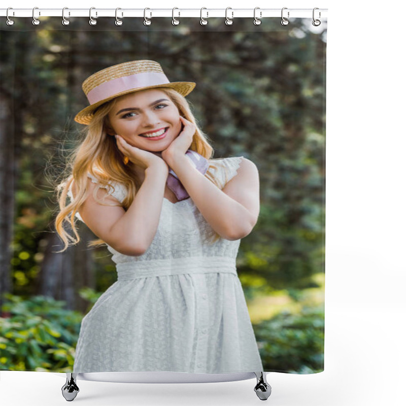 Personality  Beautiful Tender Blonde Girl In Dress And Wicker Hat With Ribbon Smiling At Camera In Park  Shower Curtains