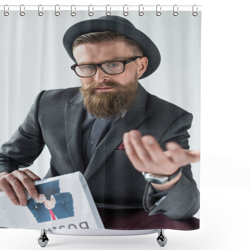 Personality  Stylish Bearded Businessman Holding Newspaper And Gesturing Isolated On Light Background Shower Curtains