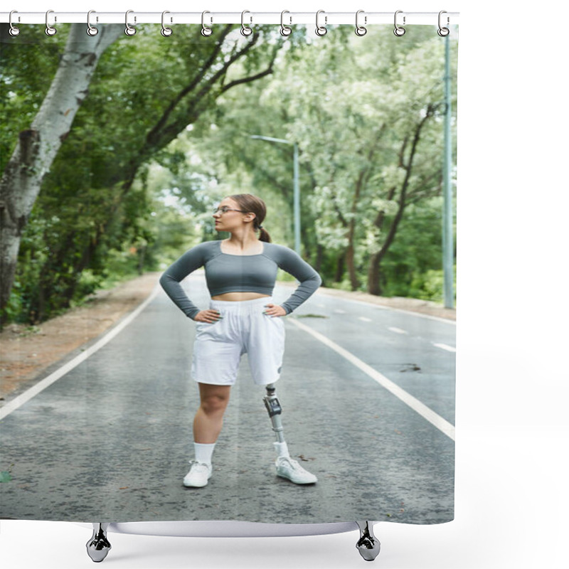 Personality  A Determined Young Woman With A Prosthetic Leg Confidently Embraces Her Workout Outdoors. Shower Curtains