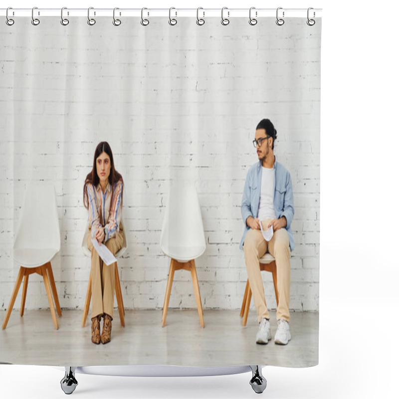 Personality  Diverse Group Sitting In Chairs, Preparing For Job Interviews. Shower Curtains