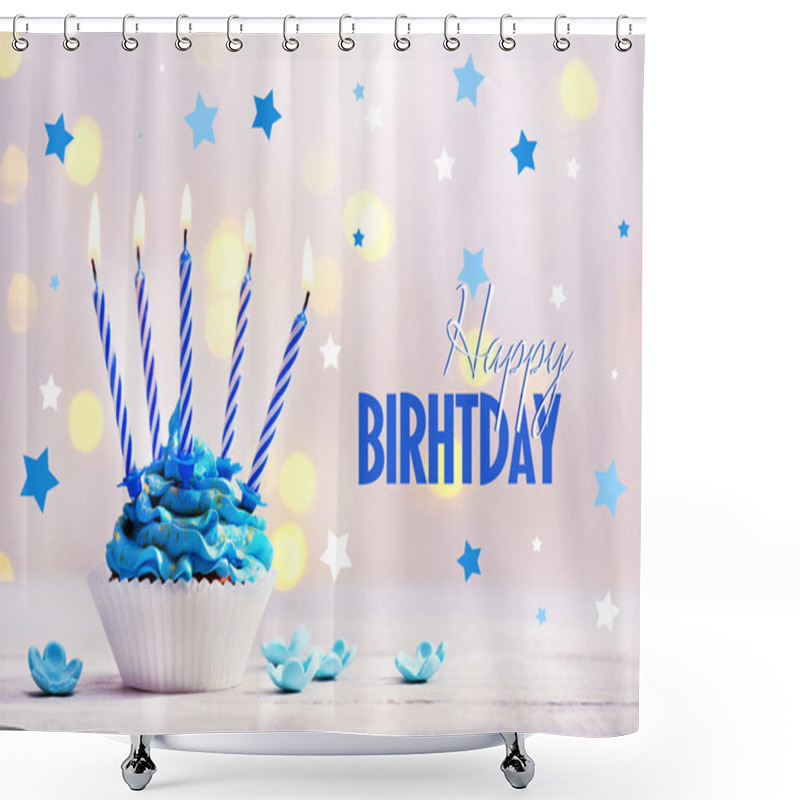 Personality  Delicious Birthday Cupcake On Table On Bright Background Shower Curtains